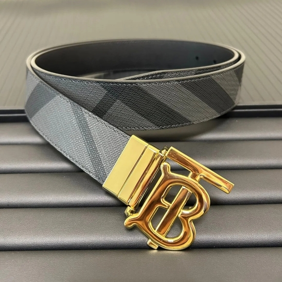 Burberry TB Men's Belt - Gold Bright Buckle with Rotating Design - Picture 2 of 5